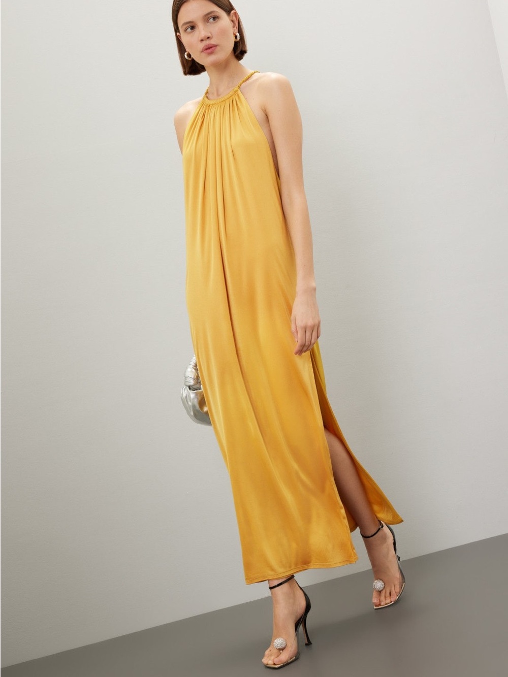 Ronny Kobo Sleeveless Golden Yellow Halter Maxi Dress size L MSRP $500